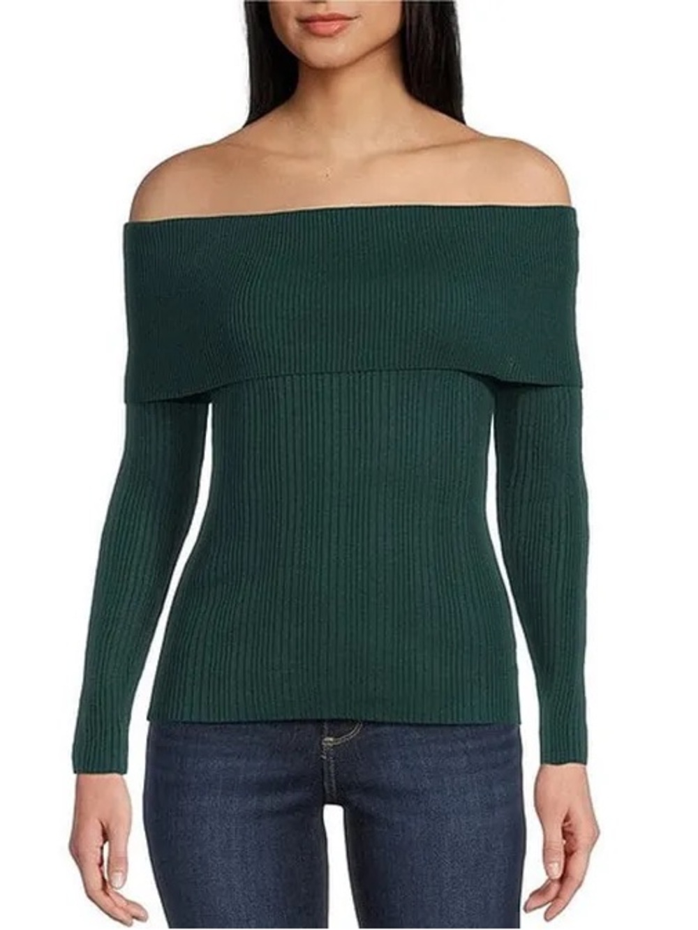 Green Off-Shoulder Ribbed Long Sleeve Top